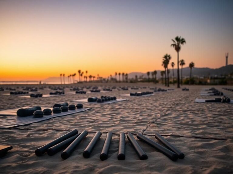 Flick International A serene military training field at Seal Beach during sunset with nonlethal training gear arranged in the foreground