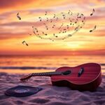 Flick International Serene sunset over the ocean with an acoustic guitar on the beach, symbolizing Brian Wilson's musical legacy