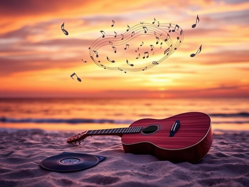 Flick International Serene sunset over the ocean with an acoustic guitar on the beach, symbolizing Brian Wilson's musical legacy