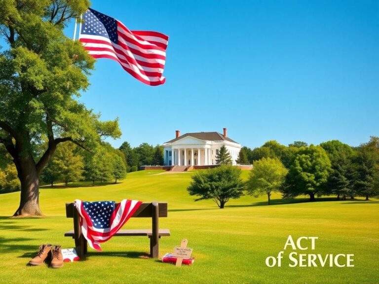 Flick International Majestic American flag waving in front of Mount Vernon with military symbols of service.