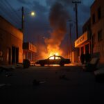 Flick International Dimly lit urban street in Los Angeles showing chaos after violent protests