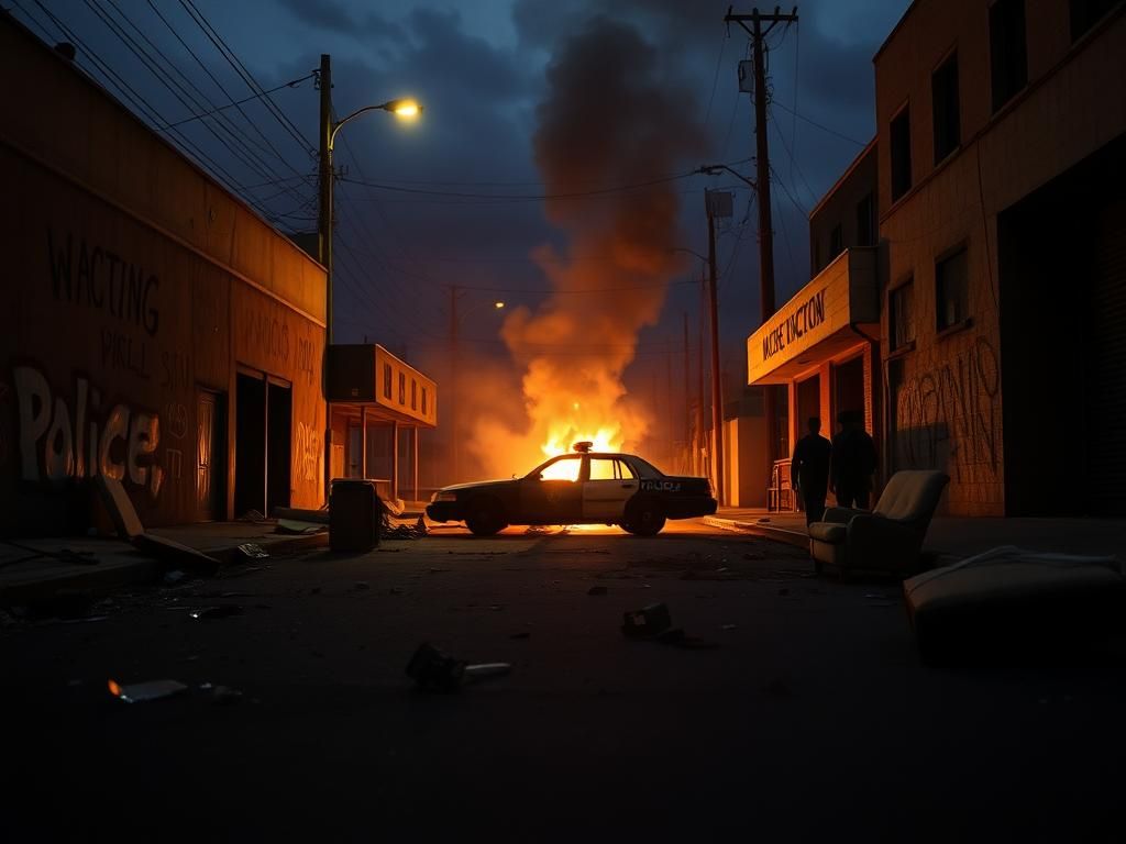 Flick International Dimly lit urban street in Los Angeles showing chaos after violent protests