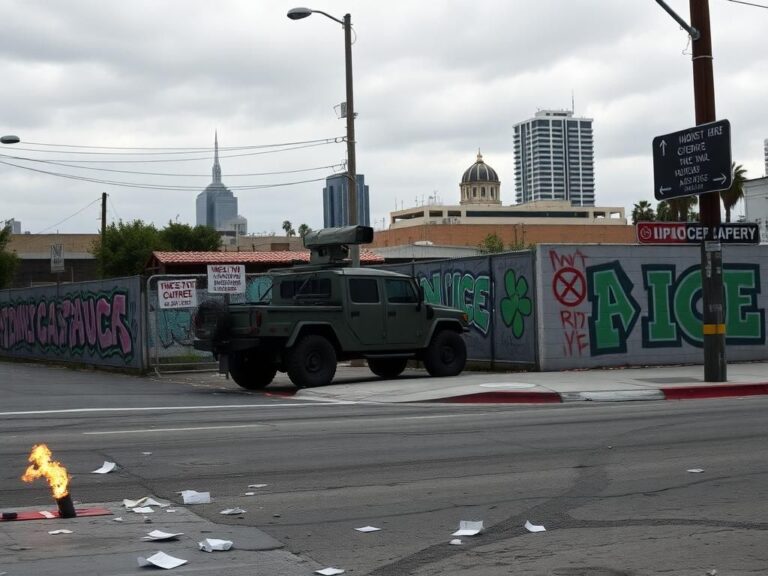 Flick International National Guard vehicle stationed at a Los Angeles street corner amidst anti-ICE protests