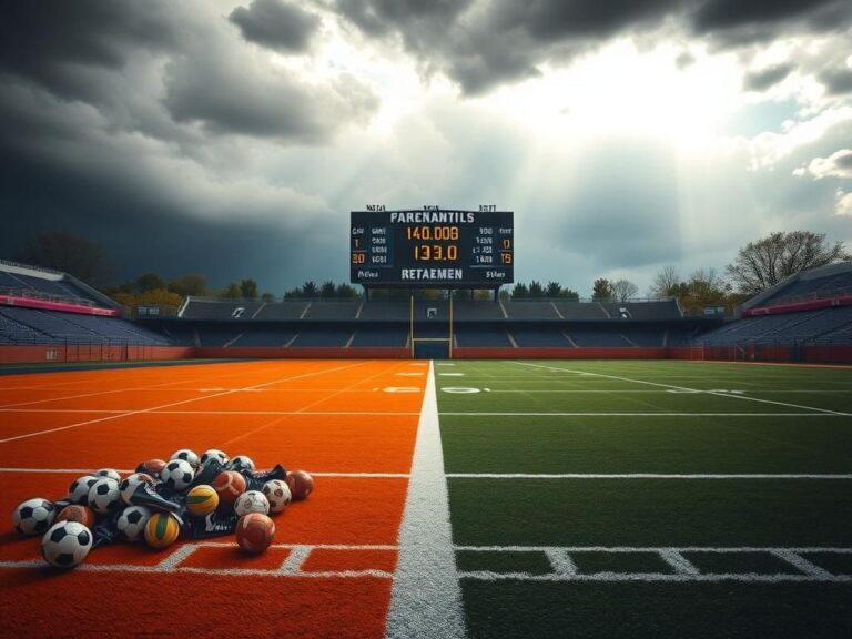 Flick International A powerful image of an empty college sports field under a stormy sky, symbolizing the tension surrounding the NCAA ruling.