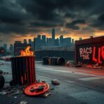 Flick International Dramatic urban scene showing aftermath of Los Angeles protest with smoldering garbage can and debris