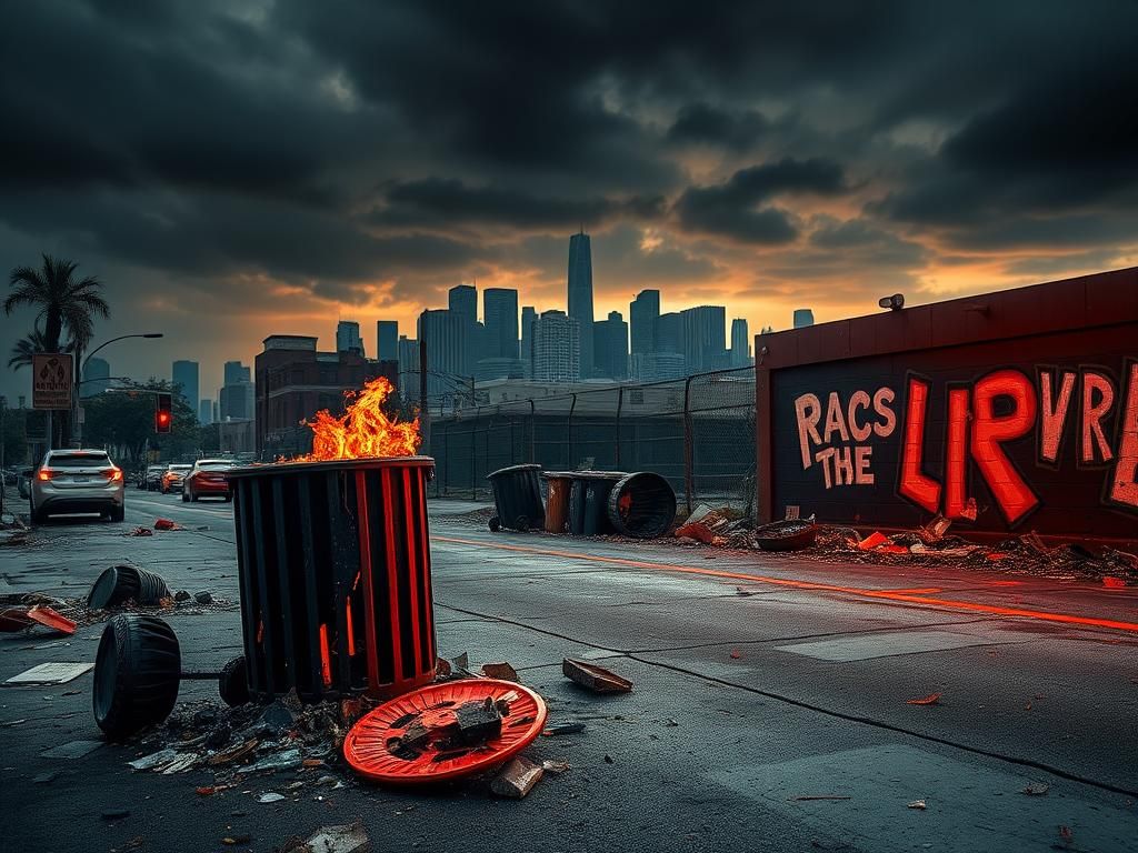 Flick International Dramatic urban scene showing aftermath of Los Angeles protest with smoldering garbage can and debris