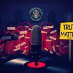 Flick International Abstract representation of a podcast studio featuring a large microphone and colorful sound waves symbolizing Joe Rogan's influence