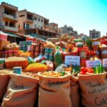 Flick International A vibrant open-air market in Gaza showcasing colorful food supplies amid crumbling buildings