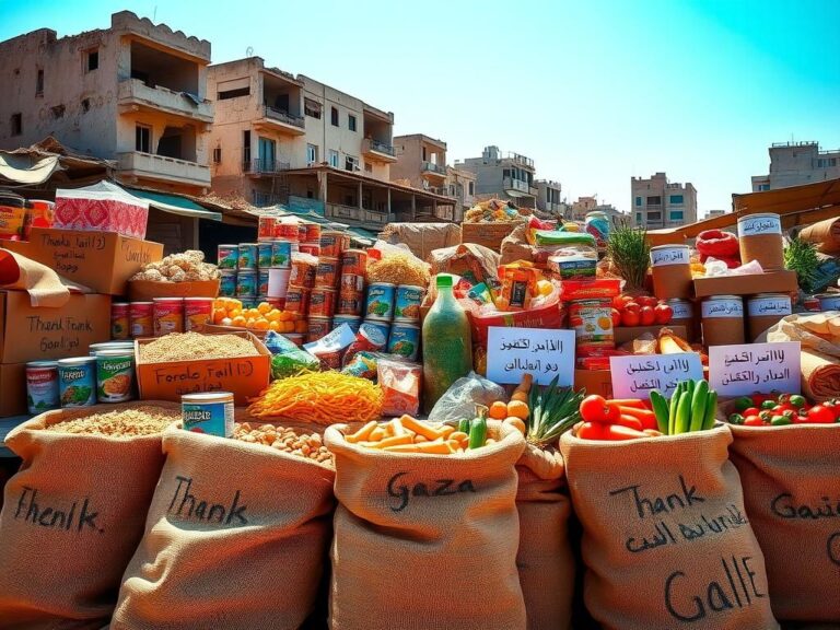 Flick International A vibrant open-air market in Gaza showcasing colorful food supplies amid crumbling buildings