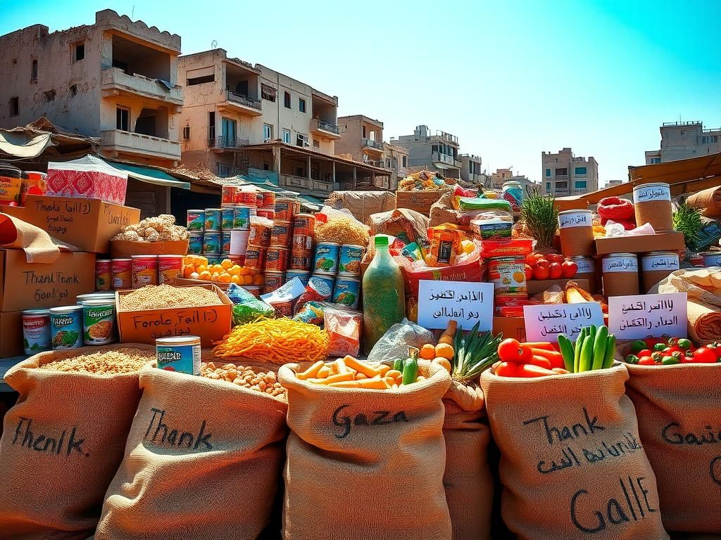 Flick International A vibrant open-air market in Gaza showcasing colorful food supplies amid crumbling buildings