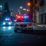 Flick International police car with flashing lights parked beside a white sedan at a protest scene in Los Angeles