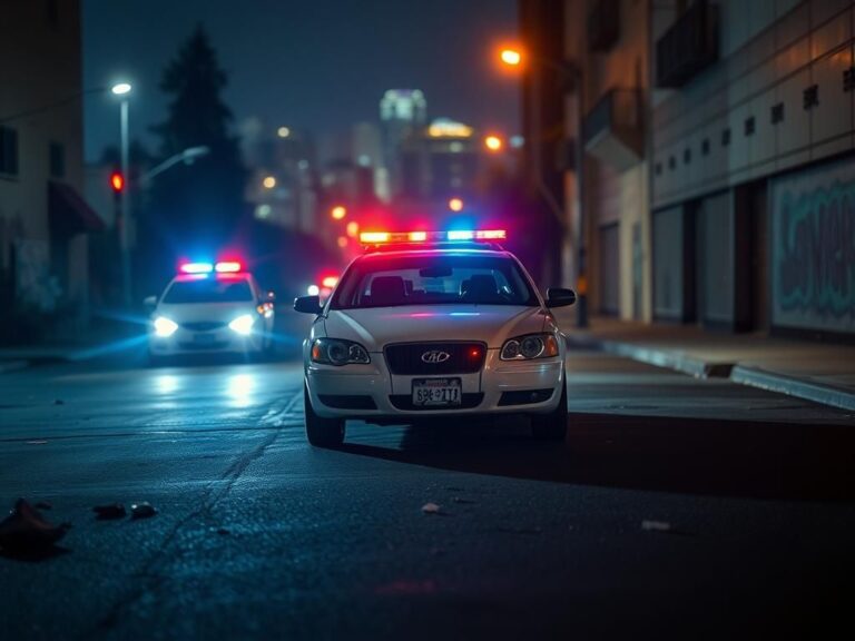 Flick International police car with flashing lights parked beside a white sedan at a protest scene in Los Angeles