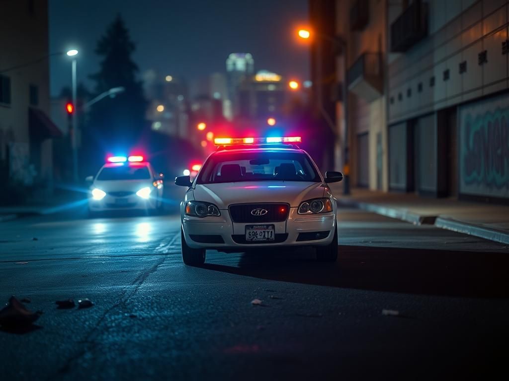 Flick International police car with flashing lights parked beside a white sedan at a protest scene in Los Angeles