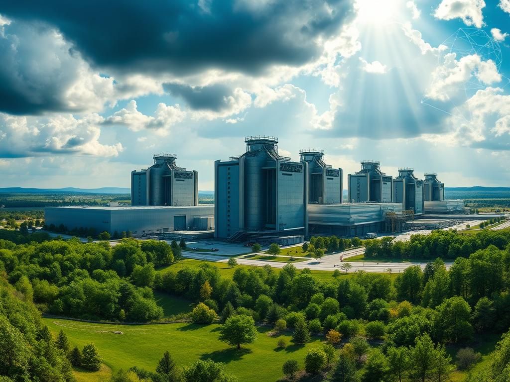 Flick International Panoramic view of the Oak Ridge uranium enrichment facility with green landscapes and modern industrial structures.