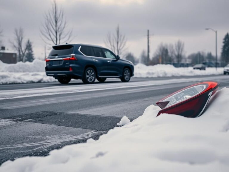 Flick International Snowy urban scene with a blue 2021 Lexus LX 570 SUV parked near a road, indicating a potential crash site