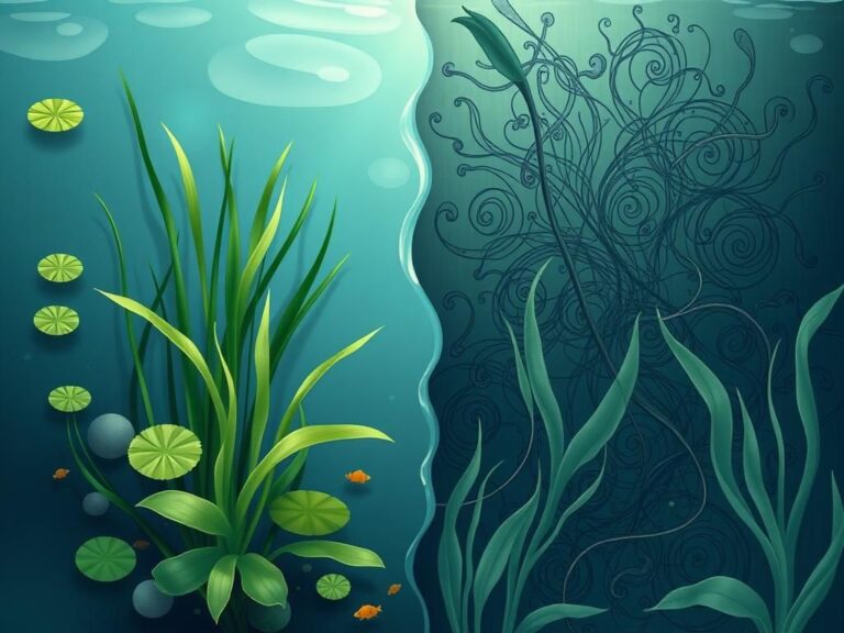 Flick International Close-up of a serene freshwater environment with healthy aquatic plants and abstract representations of brain-eating amoebas.