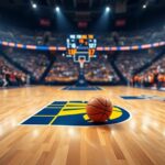 Flick International Dynamic basketball court scene featuring Indiana Pacers logo with excited fans in the background