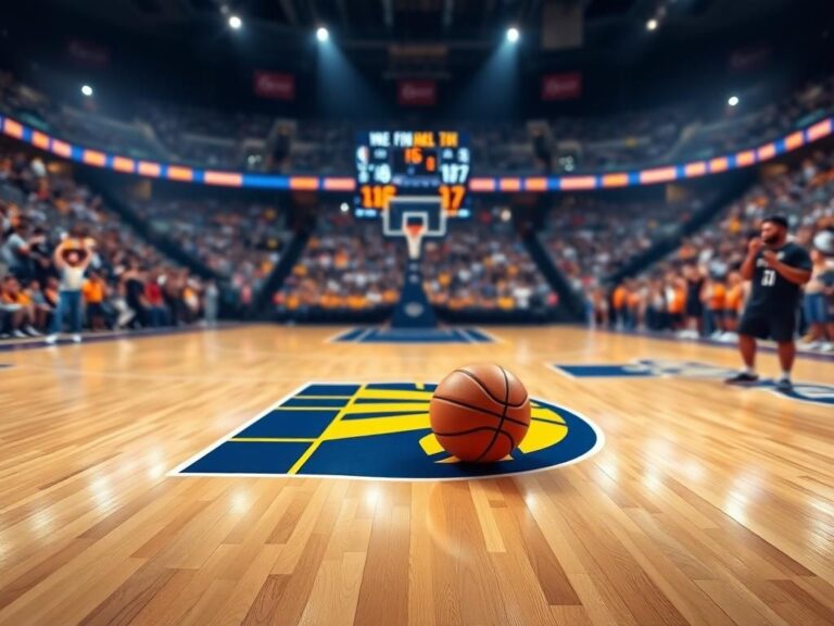 Flick International Dynamic basketball court scene featuring Indiana Pacers logo with excited fans in the background