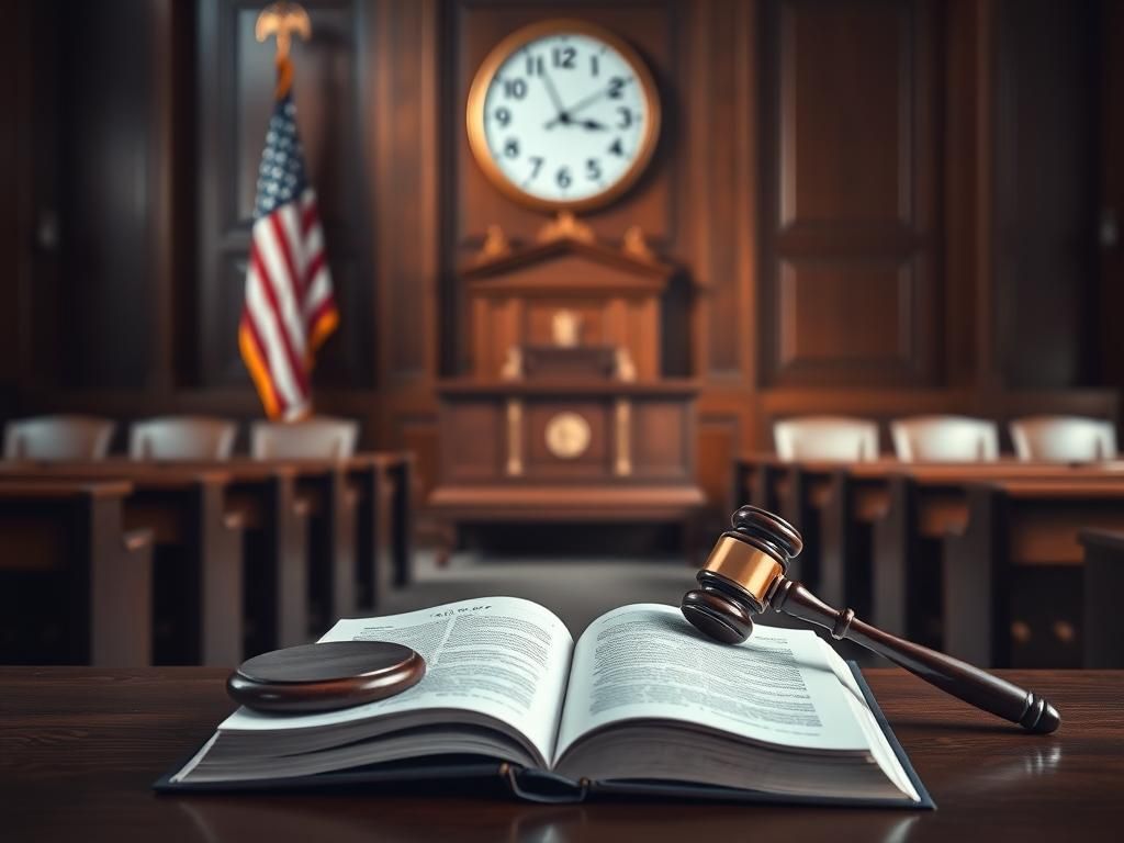 Flick International Dramatic courtroom scene with gavel and empty jury benches