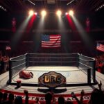 Flick International A vibrant UFC Octagon illuminated at the Prudential Center, featuring a Women's Bantamweight Championship belt symbolizing Kayla Harrison's victory.