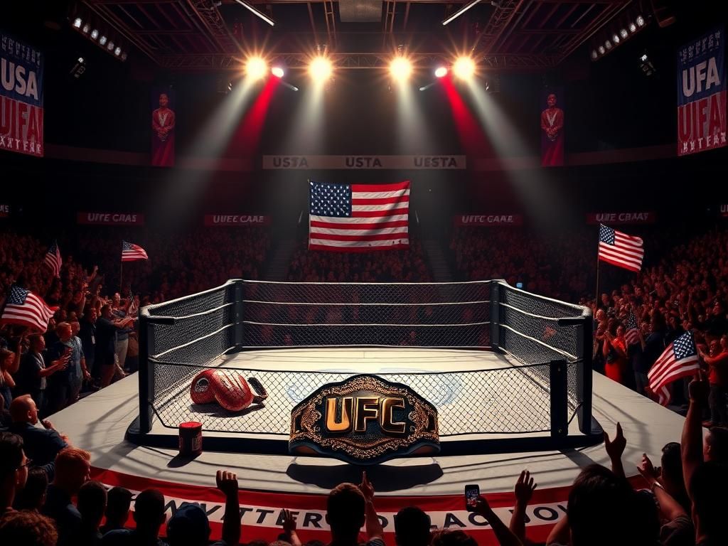 Flick International A vibrant UFC Octagon illuminated at the Prudential Center, featuring a Women's Bantamweight Championship belt symbolizing Kayla Harrison's victory.
