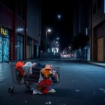 Flick International Nighttime street scene in Los Angeles showing aftermath of looting with shattered glass and graffiti