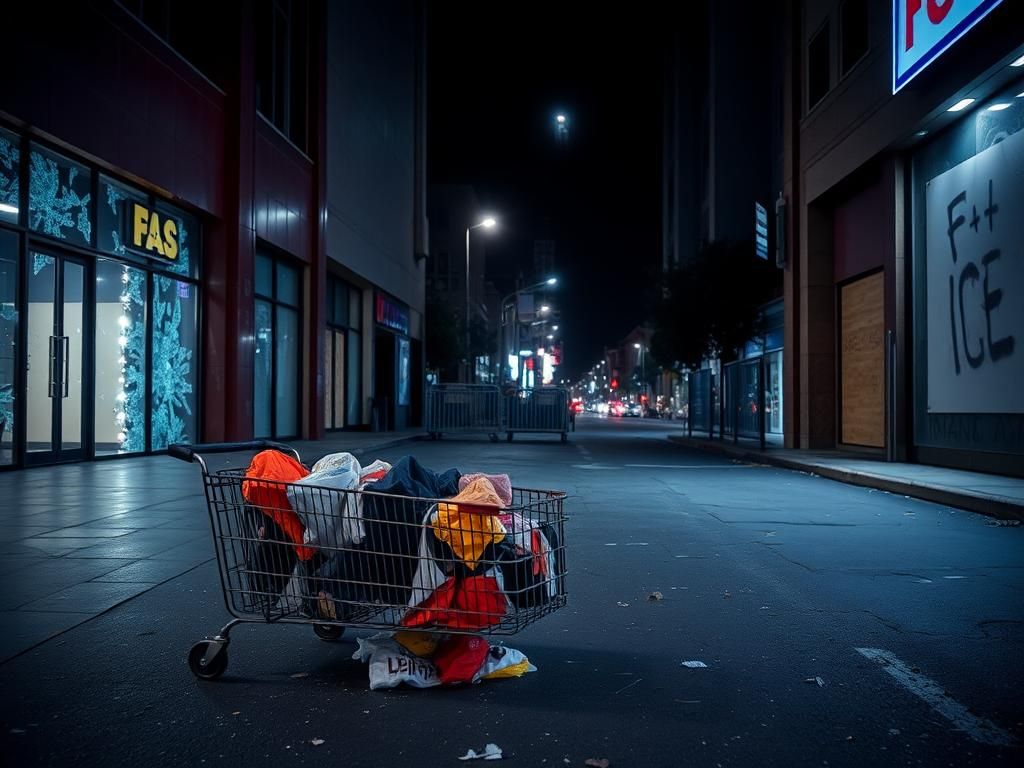Flick International Nighttime street scene in Los Angeles showing aftermath of looting with shattered glass and graffiti