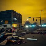 Flick International Quiet city street in Spokane with remnants of protest signs after ICE demonstration