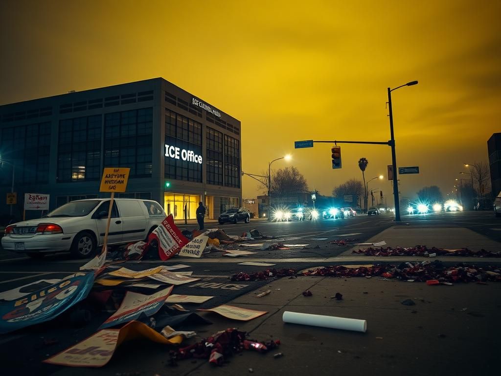 Flick International Quiet city street in Spokane with remnants of protest signs after ICE demonstration