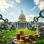 Flick International Ornate government building surrounded by broken chain links symbolizing budget reform
