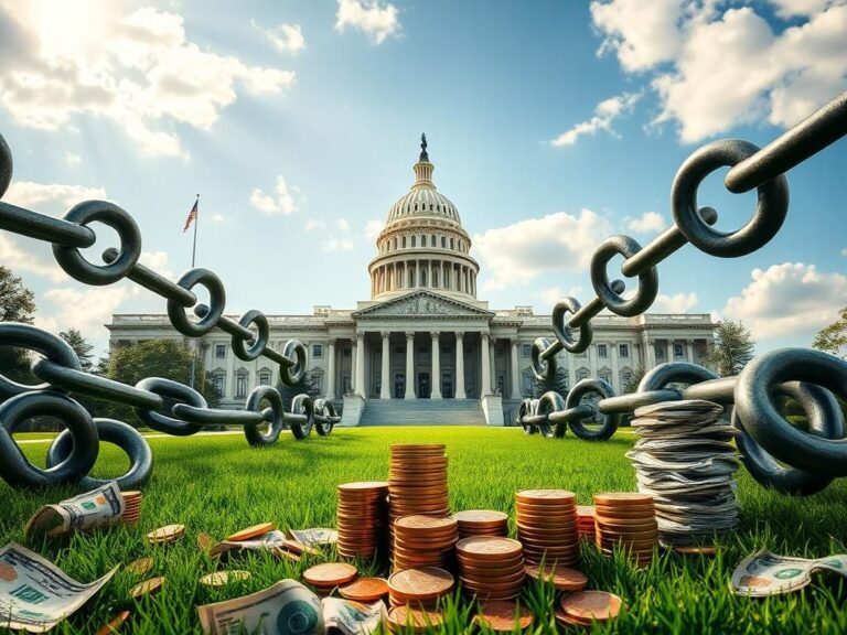 Flick International Ornate government building surrounded by broken chain links symbolizing budget reform