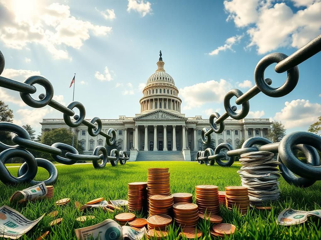 Flick International Ornate government building surrounded by broken chain links symbolizing budget reform