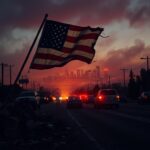 Flick International A dramatic urban landscape of Los Angeles at dusk, depicting unrest with smoky skies and a torn American flag.