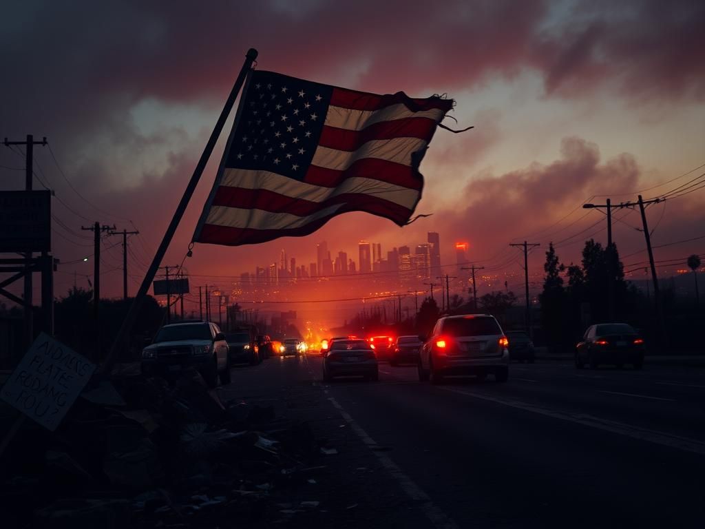 Flick International A dramatic urban landscape of Los Angeles at dusk, depicting unrest with smoky skies and a torn American flag.