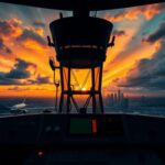 Flick International Dramatic silhouette of an empty air traffic control tower at sunrise