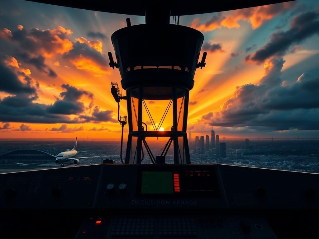 Flick International Dramatic silhouette of an empty air traffic control tower at sunrise