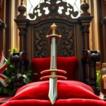 Flick International A majestic royal throne with intricate carvings symbolizing King Charles III's knighthood ceremony for David Beckham
