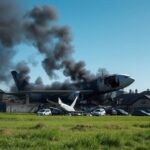 Flick International Aftermath of airplane crash with Boeing 787 wreckage and smoke