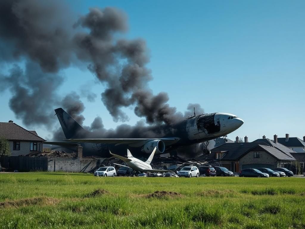 Flick International Aftermath of airplane crash with Boeing 787 wreckage and smoke