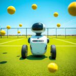 Flick International High-tech AI tennis robot coach demonstrating professional training techniques on a bright tennis court.