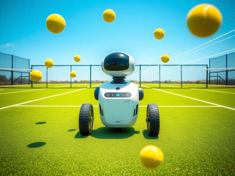 Flick International High-tech AI tennis robot coach demonstrating professional training techniques on a bright tennis court.