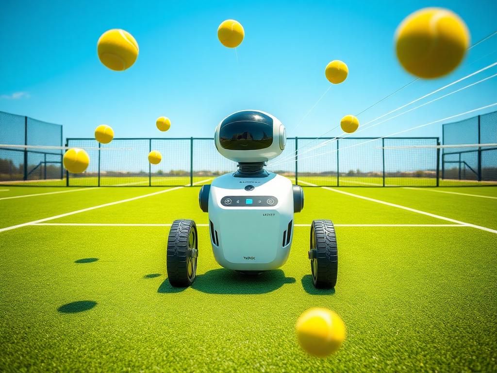 Flick International High-tech AI tennis robot coach demonstrating professional training techniques on a bright tennis court.