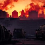 Flick International Dramatic urban landscape depicting aftermath of protests in Los Angeles with charred vehicles and graffiti