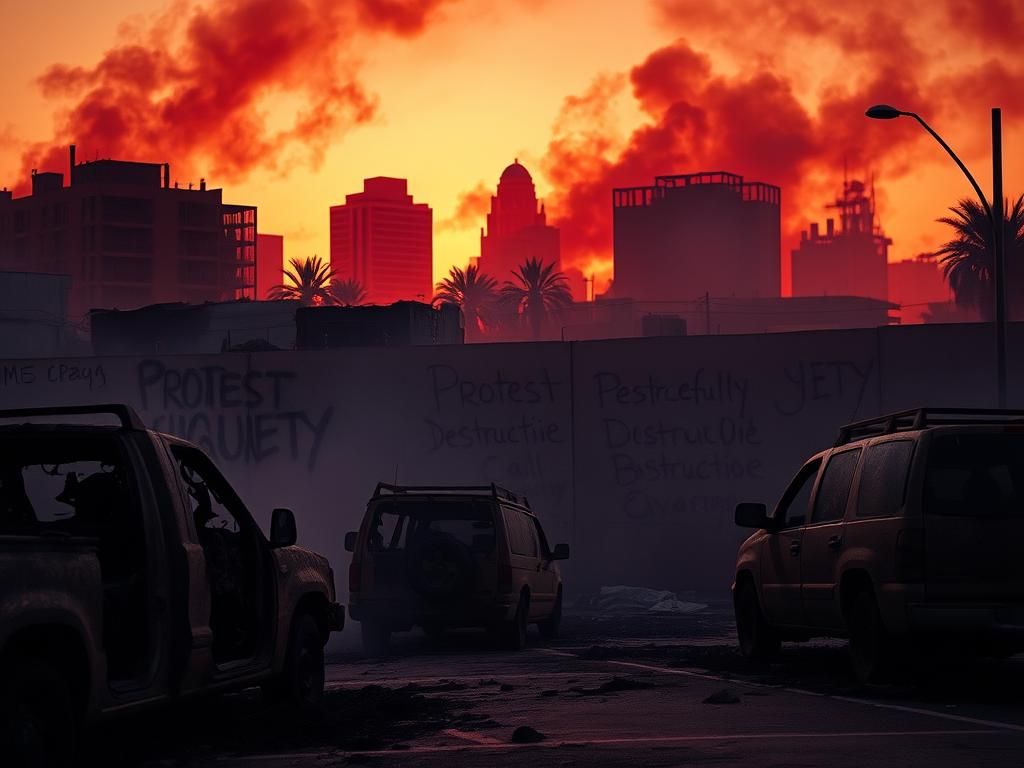 Flick International Dramatic urban landscape depicting aftermath of protests in Los Angeles with charred vehicles and graffiti