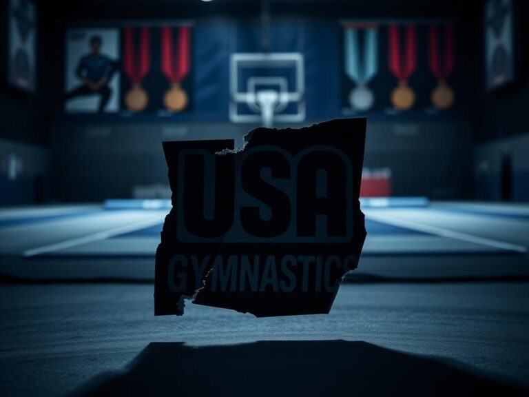 Flick International Close-up of a torn and faded USA Gymnastics logo, symbolizing the challenges faced by athletes.