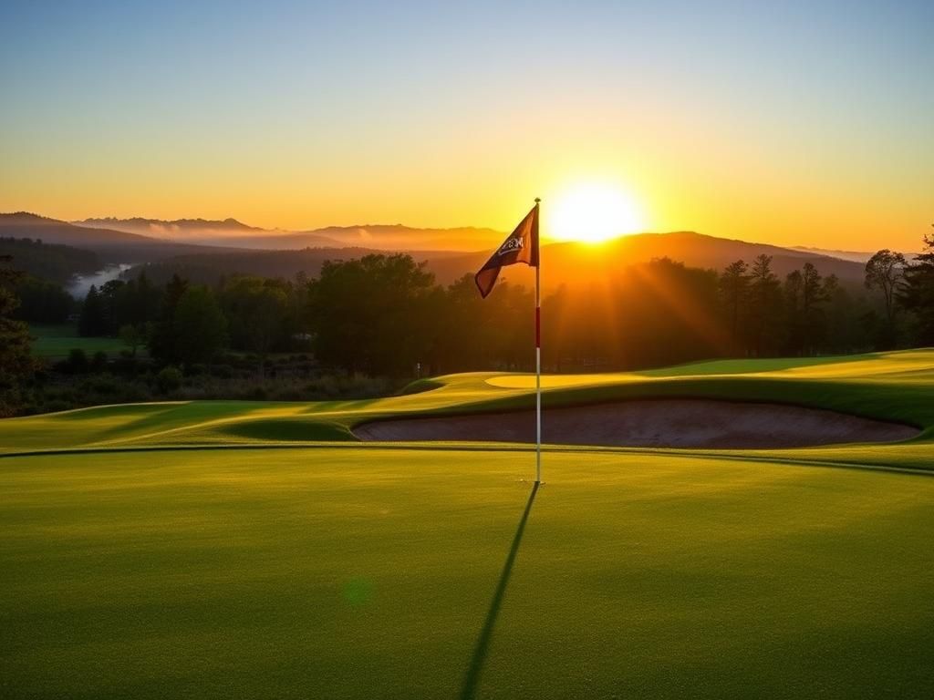 Flick International A serene golf course at dawn with dew glistening on the grass