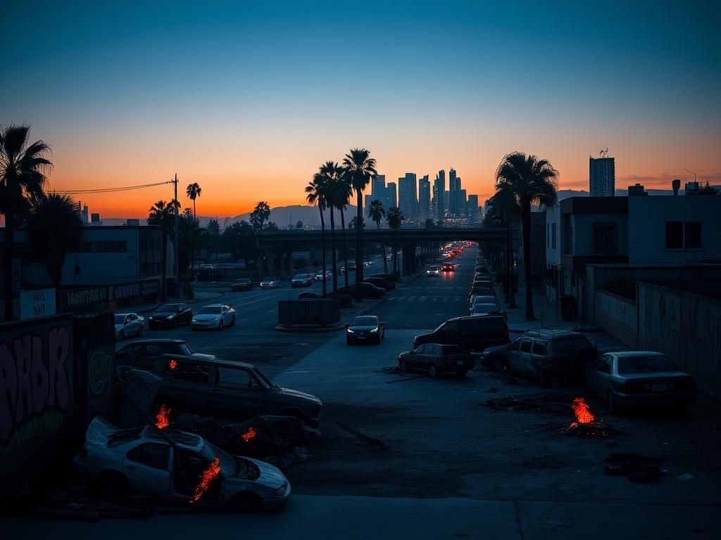 Flick International A stark urban landscape in Los Angeles showing burnt-out cars and protest remnants