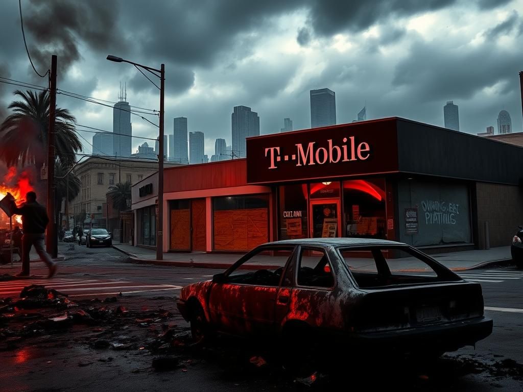 Flick International Burned-out car amidst urban chaos in Los Angeles