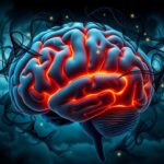 Flick International Close-up view of a human brain with sections illuminated, showcasing the impact of negative thoughts on mental health.