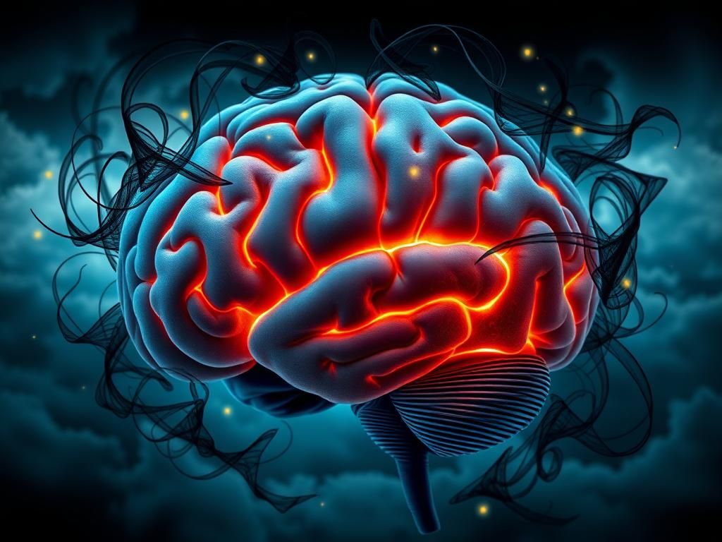 Flick International Close-up view of a human brain with sections illuminated, showcasing the impact of negative thoughts on mental health.